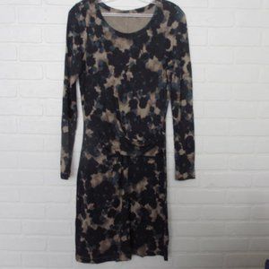 Sandwich Blue and Tan Fitted Faux Wrap Scoop Neck Long Sleeve Dress Size Small